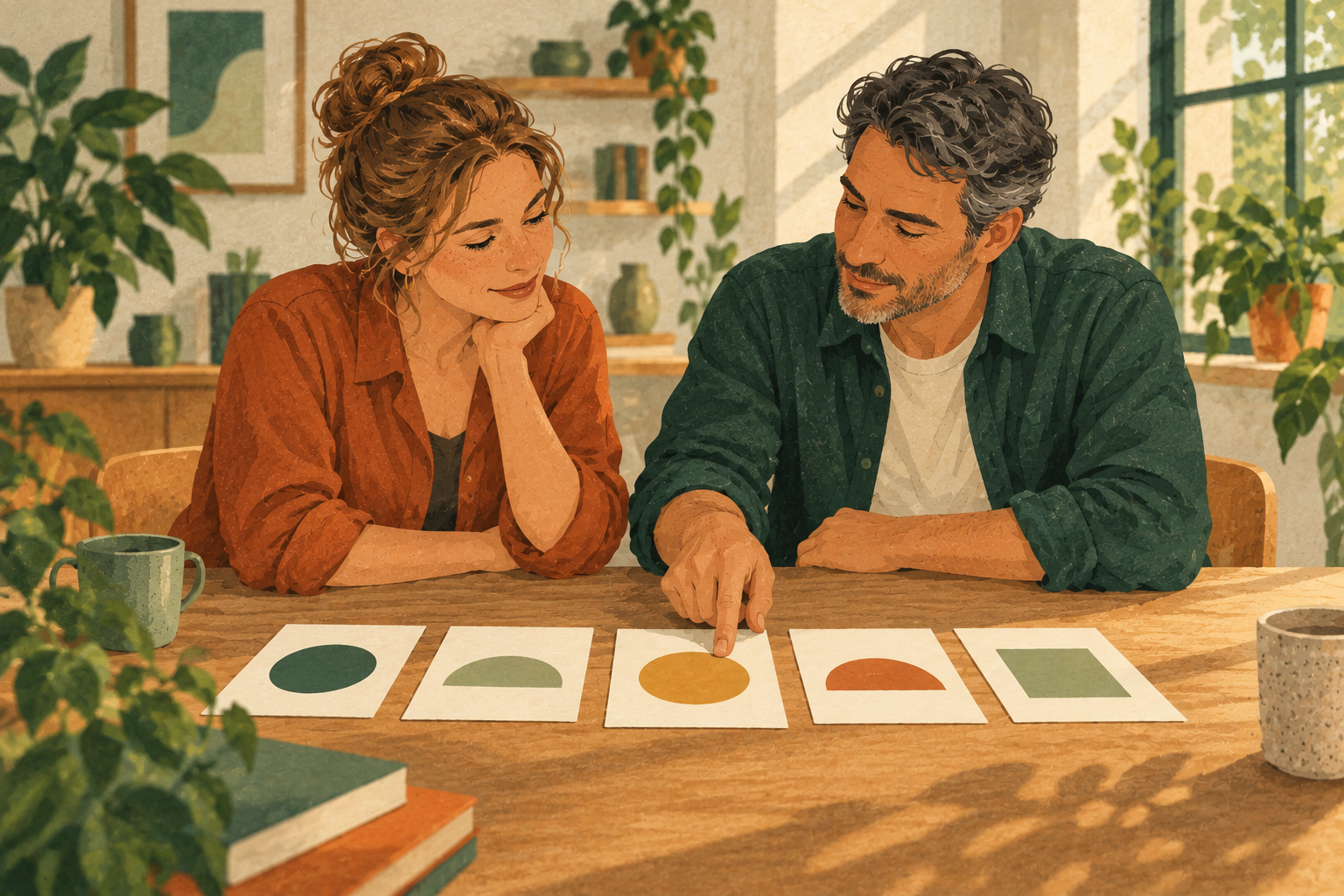 Twee mensen bekijken vijf kaarten op een tafel; één wijst de okerkleurige kaart aan.