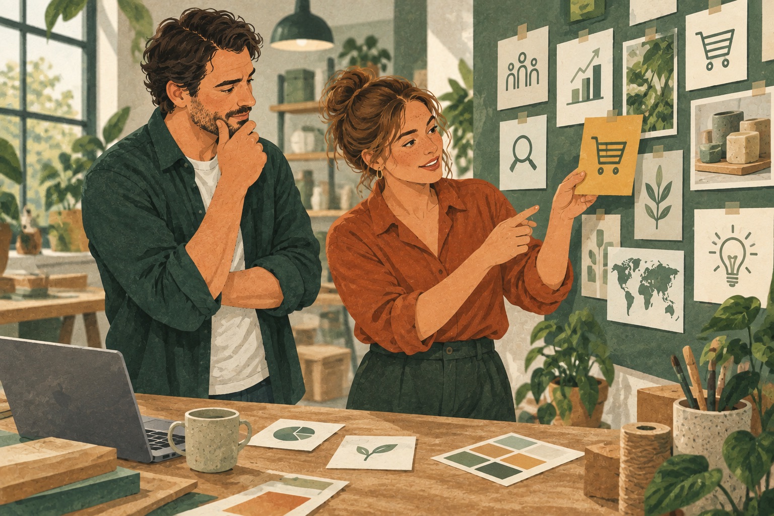 Illustratie: twee collega’s kiezen een commerciële kans op basis van klantinzichten en marktsignalen.
