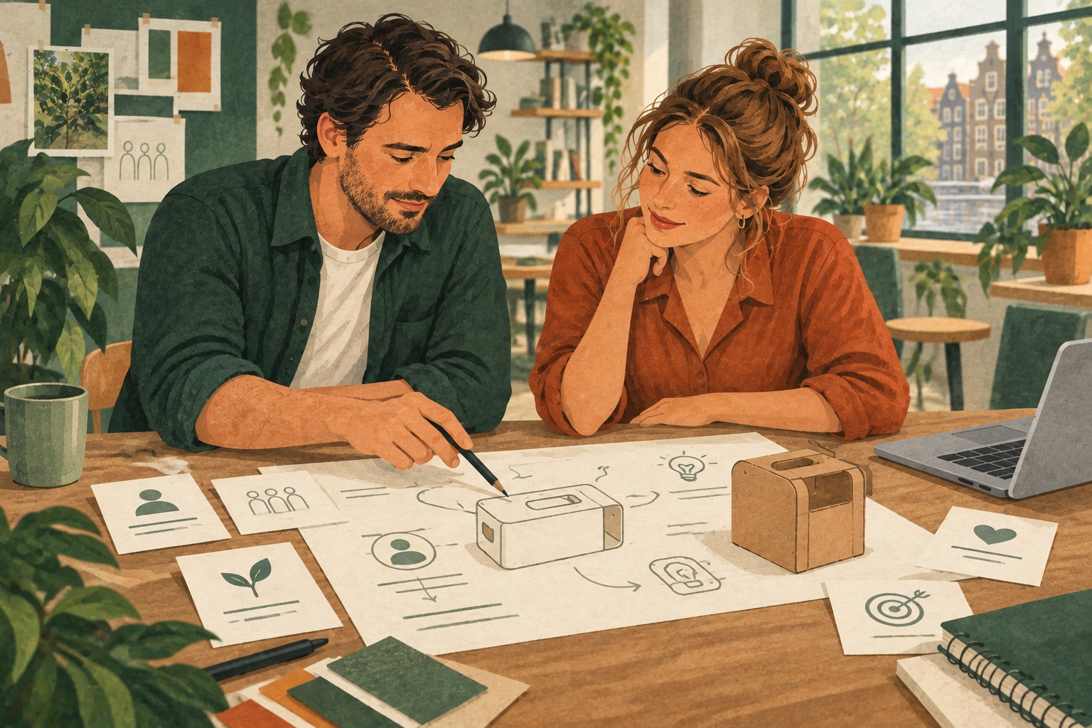 Illustratie: twee collega’s ontwikkelen met schetsen en een prototype een oplossing voor een klantvraag.