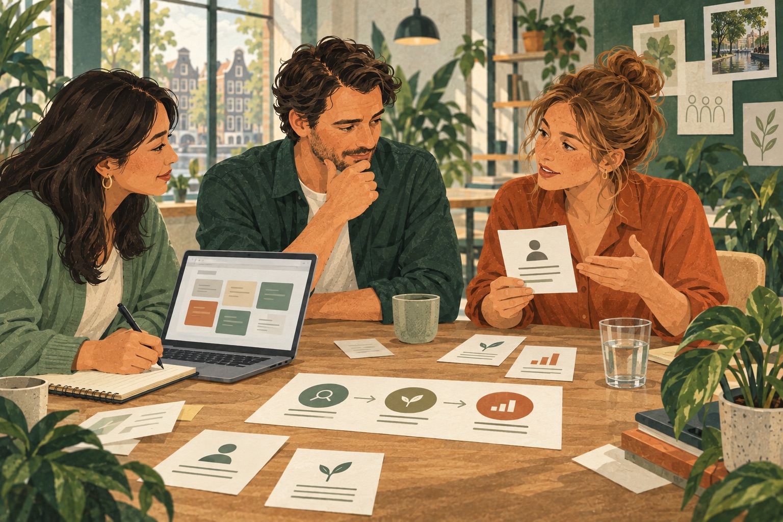 Illustratie: een ondernemer en collega bespreken een voorstel met een klant en leggen feedback en vervolgstappen vast.