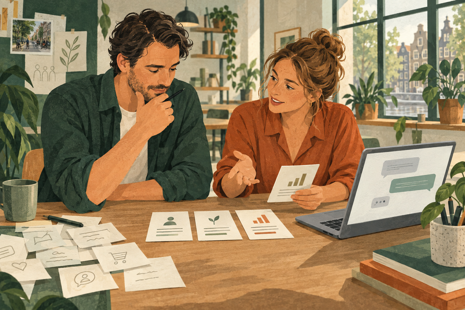 Illustratie van twee ondernemers die klantinzichten bespreken met een AI-assistent op hun laptop.